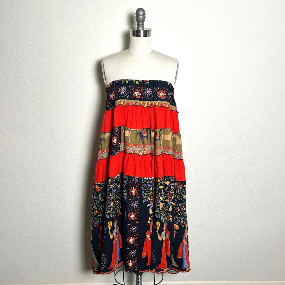Vintage Red 100% Cotton Patchwork Tiered Indian Folk Art Maxi Skirt Women Small
